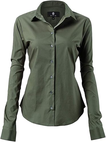 Womens Button Down Shirts - Long Sleeve Business Casual Blouses Army Green