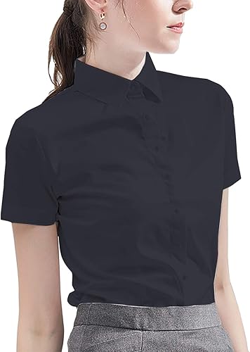 Womens Button Down Shirts - Short Sleeve Business Casual Blouses Black