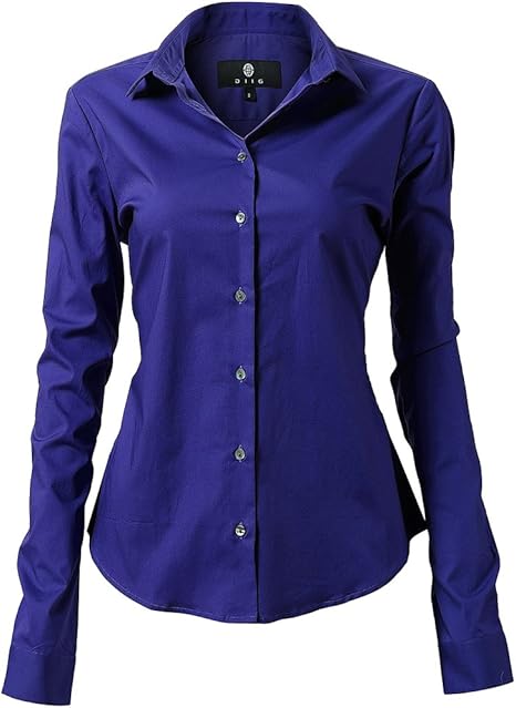 Womens Button Down Shirts - Long Sleeve Business Casual Blouses Blue