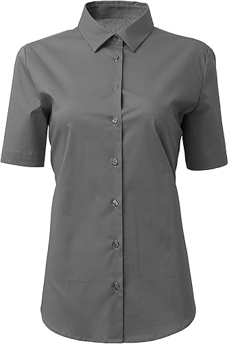 Womens Button Down Shirts - Short Sleeve Business Casual Blouses Gray