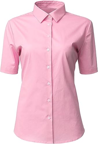 Womens Button Down Shirts - Short Sleeve Business Casual Blouses Pink