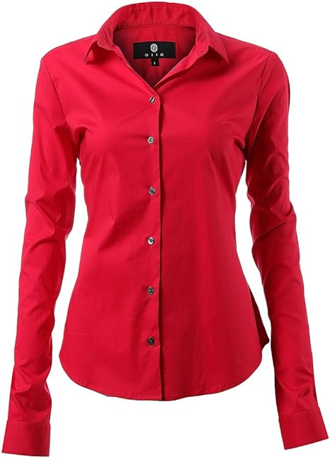 Womens Button Down Shirts - Long Sleeve Business Casual Blouses Red