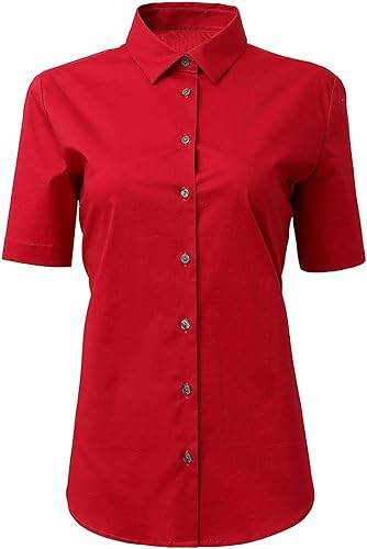 Womens Button Down Shirts - Short Sleeve Business Casual Blouses Red