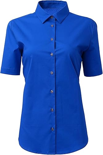 Womens Button Down Shirts - Short Sleeve Business Casual Blouses Royal Blue