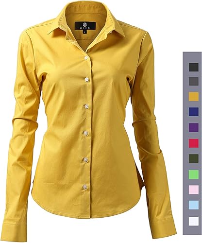 Womens Button Down Shirts - Long Sleeve Business Casual Blouses Yellow